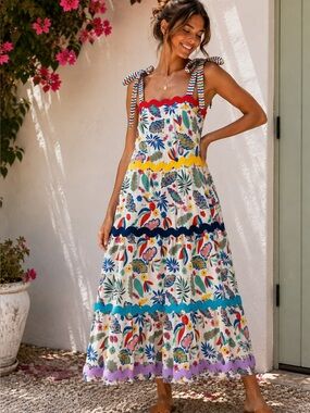 ✨NWOT Mimi Morton Tropical Tapestry Ric-Rac Maxi Dress